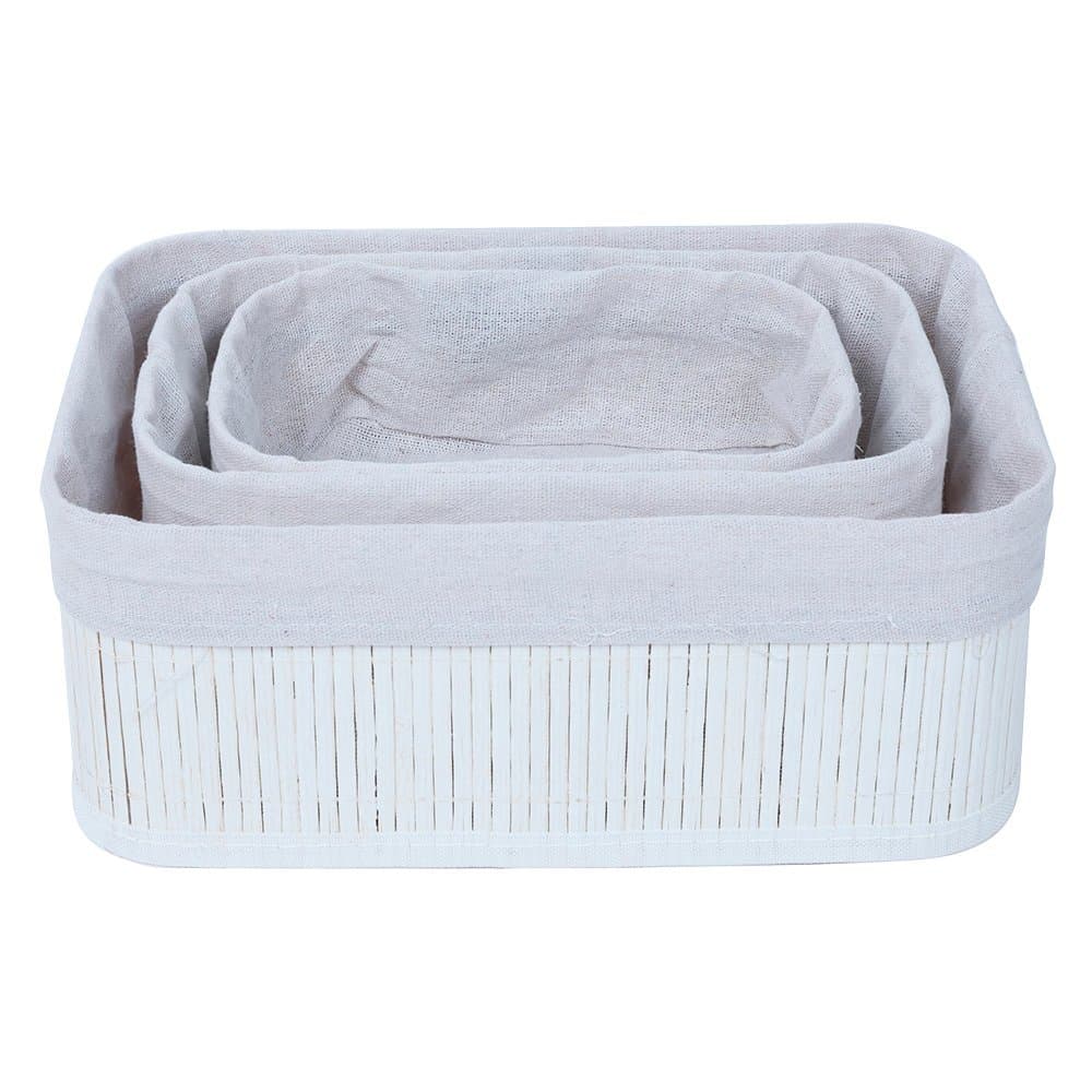Kit 3 Cestos Organizadores de Bambu Branco Multiuso Cozinha Banheiro Quarto Escritório