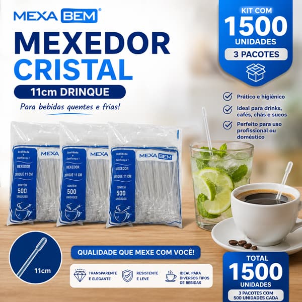 Kit 3 Pacotes Mexedor Cristal 11cm Drinque Mexa Bem – 1.500 Unidades para Drinks, Café, Chá e Bebidas