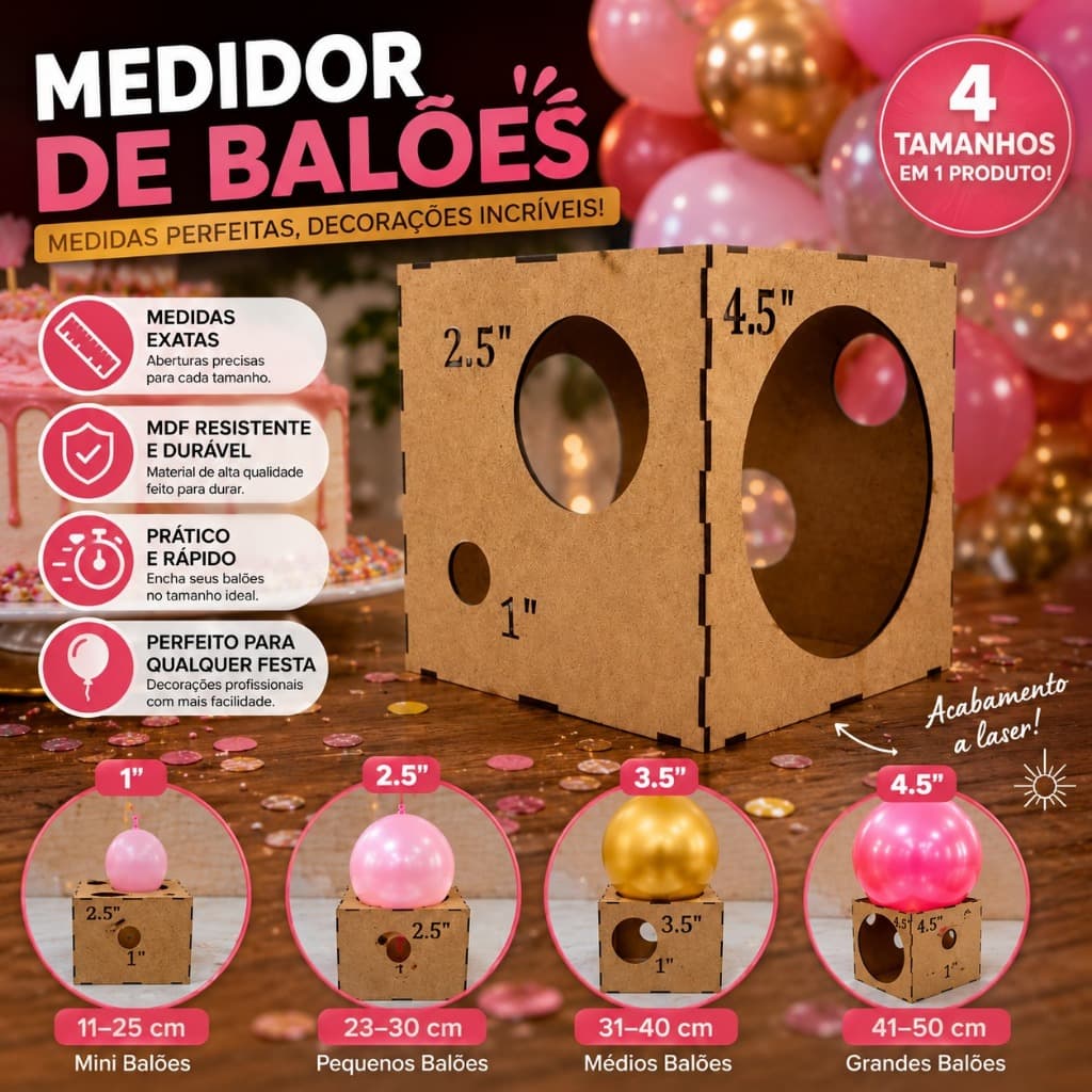 Mini Gabarito Medidor para Balões Bexiga em MDF Cru Comemorações e Festas