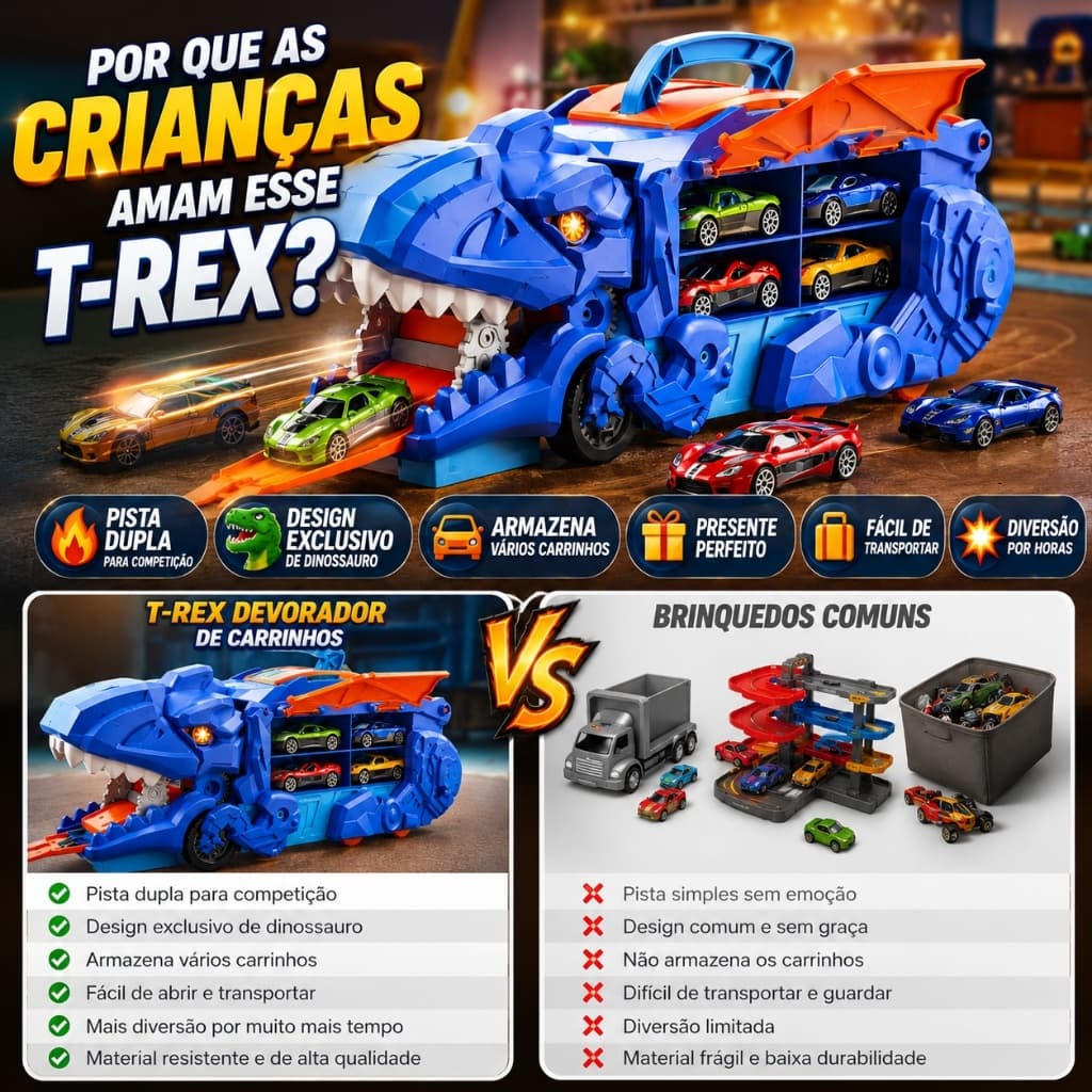 Caminhão Dinossauro T-Rex Engole Carrinhos 4 Carros Metal Transformável Pista Rampa Brinquedo Infantil