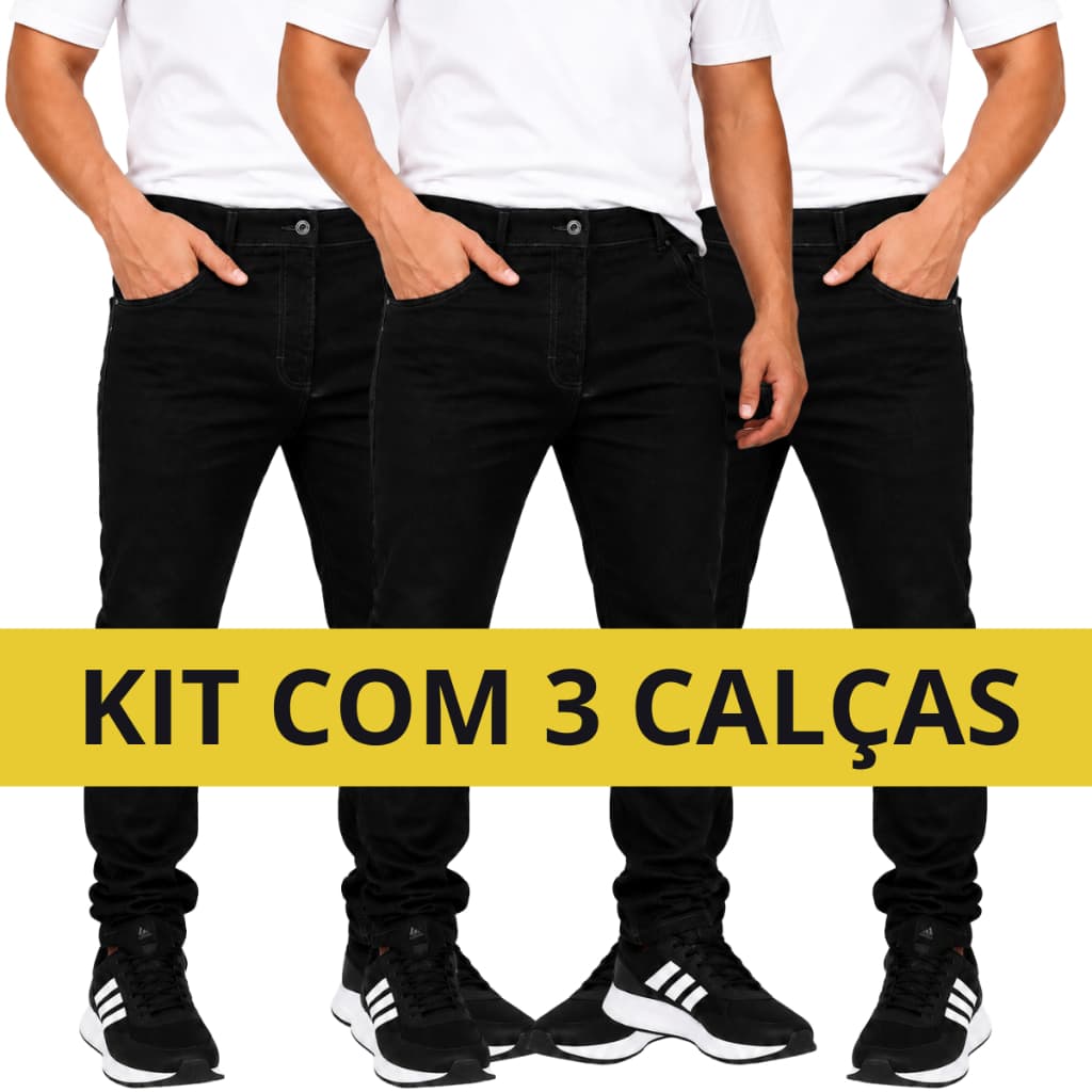 Kit 3 Calças Jeans Masculina Preta para Trabalho com Elastano Reforçada