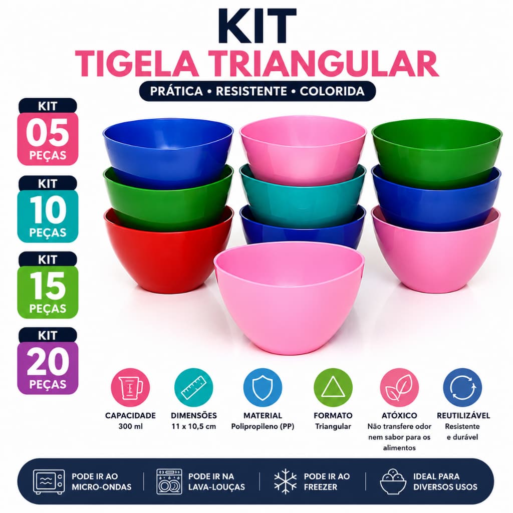 Kit 05 10 15 20 Tigela Cumbuca Bowl Pote Plástico Triangular  - 300ml