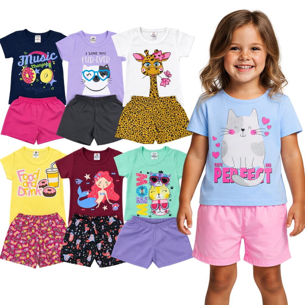Kit 6 Peças Verão Sortidas Roupa Infantil Menina Estampado Camiseta + Shorts Feminino 3 Conjuntos