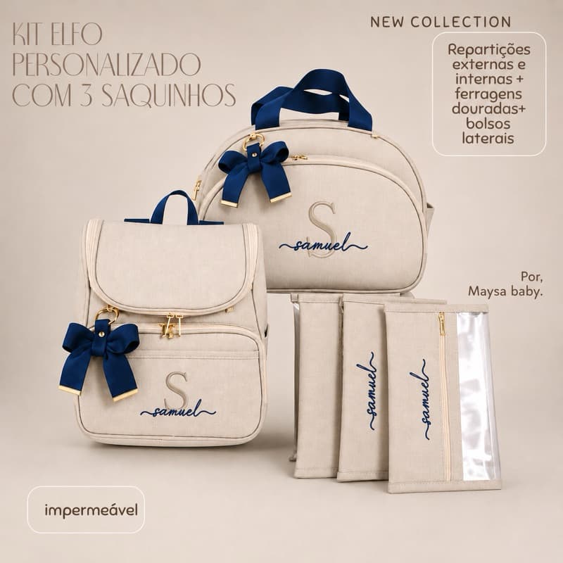 Bolsas maternidade personalizadas 5 peças em linho, mala, mochila e 3 saquinhos organizadores.