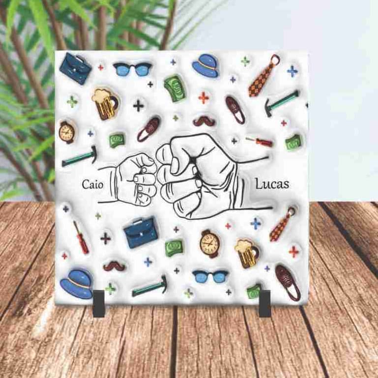 Azulejo personalizado com nome Pai Mãozinhas Filhos 15x15cm porcelana Dia dos Pais Avós