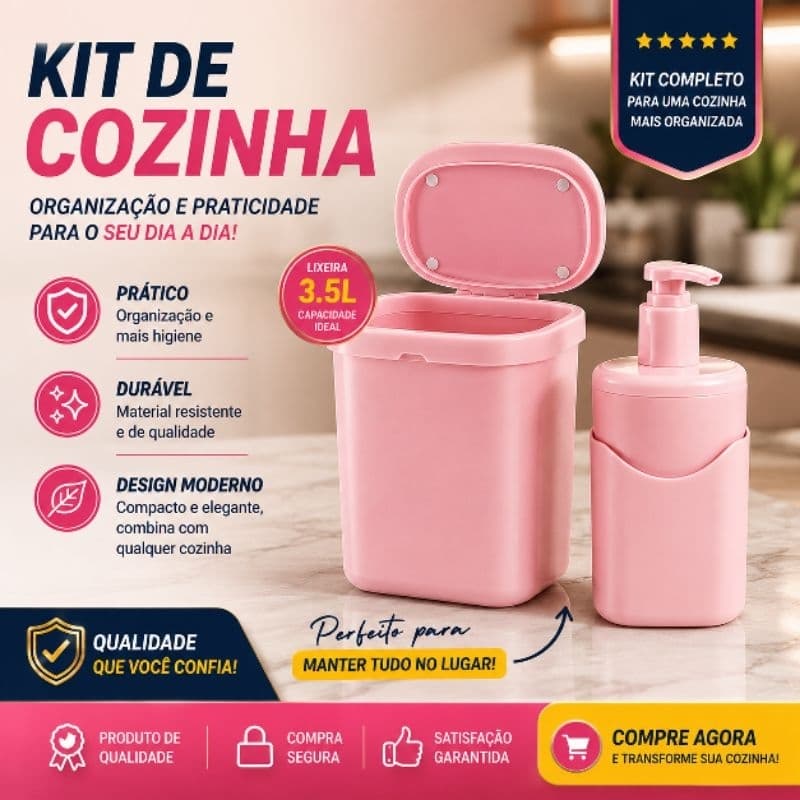 Kit Organização Pia Cozinha Lixeira 3,5 litros Dispenser Detergente