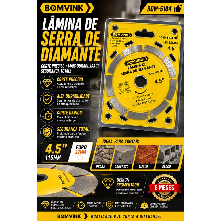 Disco Diamantado Segmentado 115mm 4.5" BOMVINK BOM-5104 para Corte de Pedra, Concreto, Tijolo e Bloco