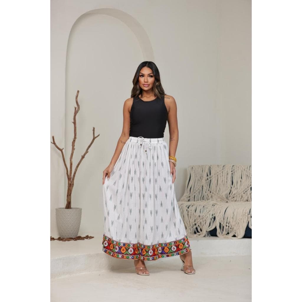 Saia Longa Indiana Feminina Branca Boho Chic Estampada Cintura Elástica 100% Algodão Premium
