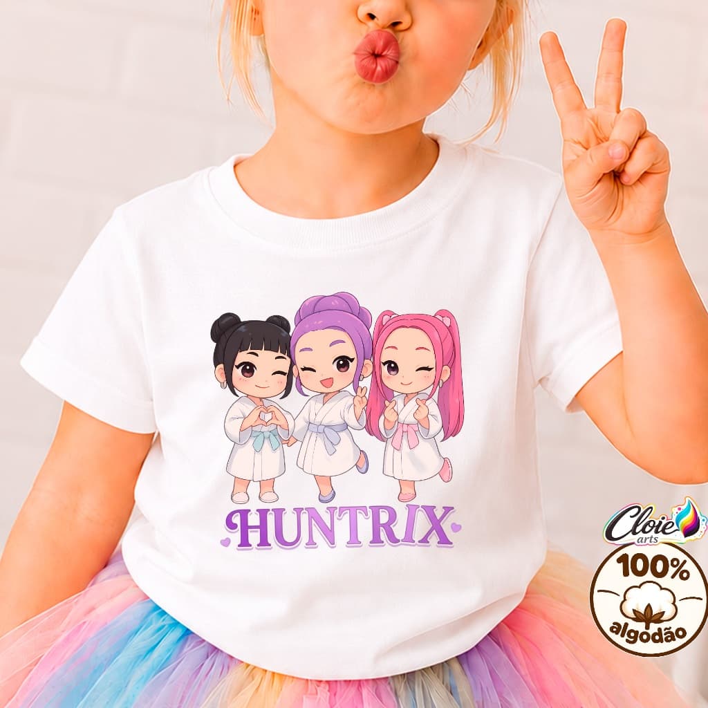 Camiseta100% Algodão Huntrix Personagens Rumi Mira Zoey Estampa Exclusiva Colorida Minimalista Premium Girl Kids Parques