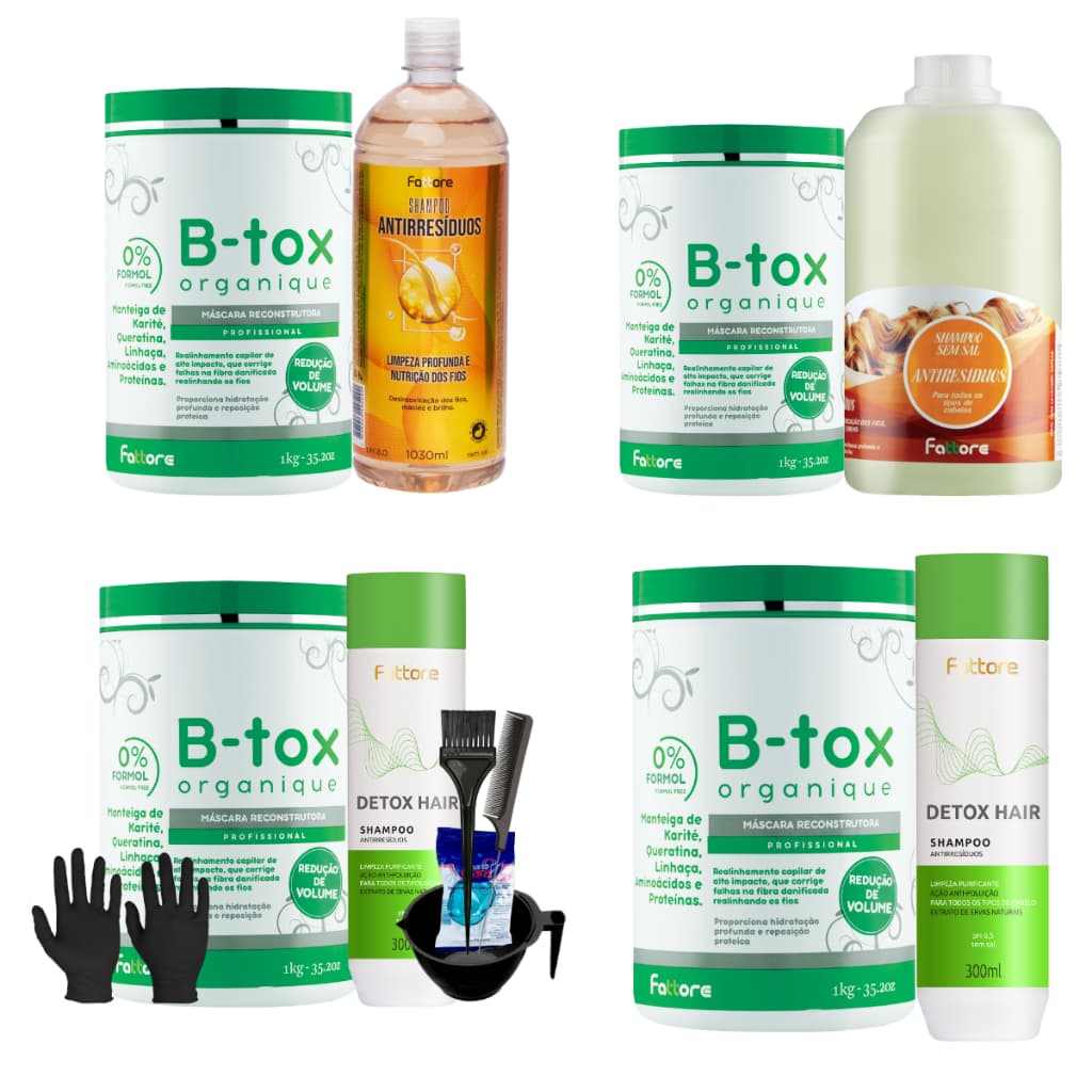 Kit Fattore B-tox 1kg Completo com Shampoo Antirresíduos e Acessórios para Salões Profissionais