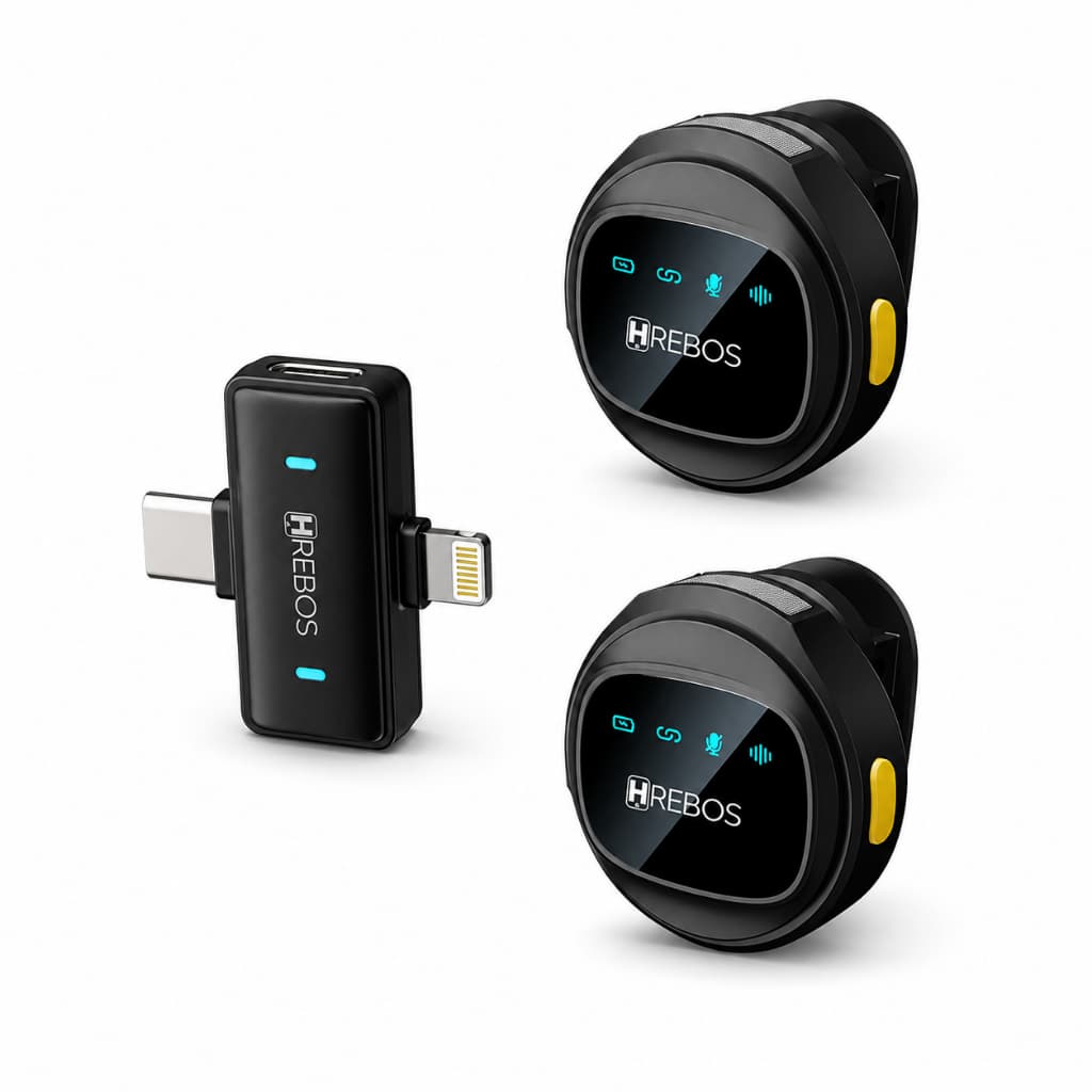 Microfone Sem Fio Lapela Hrebos IF-1000 AirMic Dual USB-C Lightning Iphone Celular Live Vídeo 2.4GHz