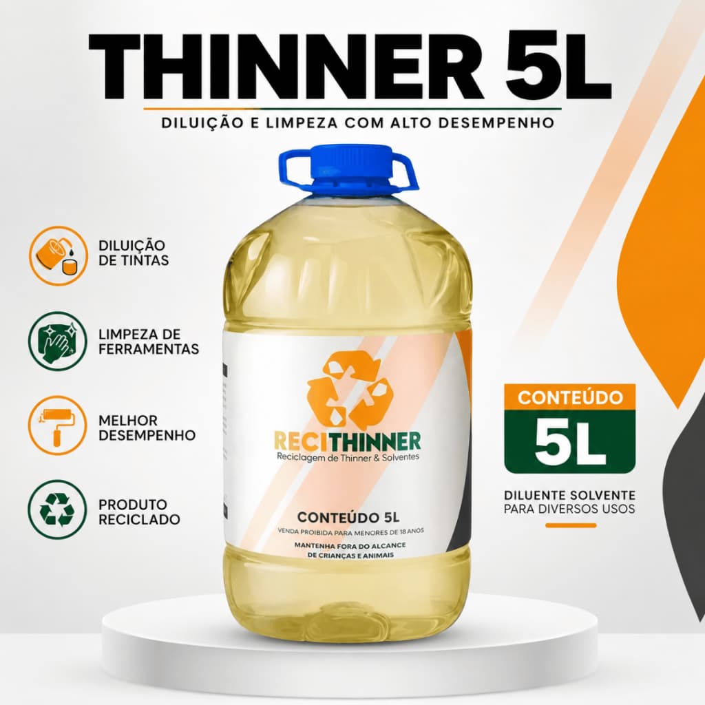 Thinner Reciclado 5L Para Diluição De Tintas Limpeza De Pintura Rolo Pincel E Peças