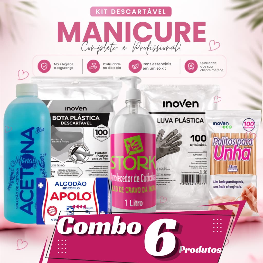 Kit Manicure Profissional Completo com Acetona 500ml - Kit Completo Para Manicure Com 6 Produtos Essenciais