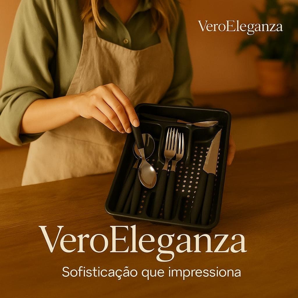 Faqueiro 17 Peças Aço Inox com Porta Talheres Preto Jogo de Talheres Premium Moderno para Cozinha