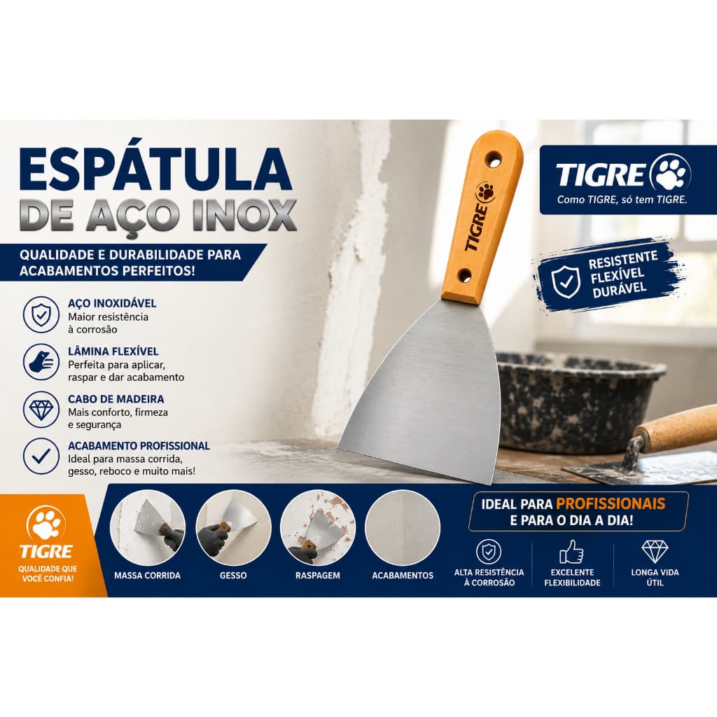 Espátula de Aço Inox Tigre Original Profissional para Massa Corrida Gesso e Raspagem e outras aplicações.