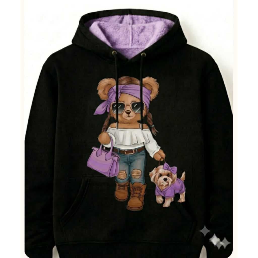 Moletom Feminino Inverno Com Capuz Estampa Ursa Fashion Casual Flanelado