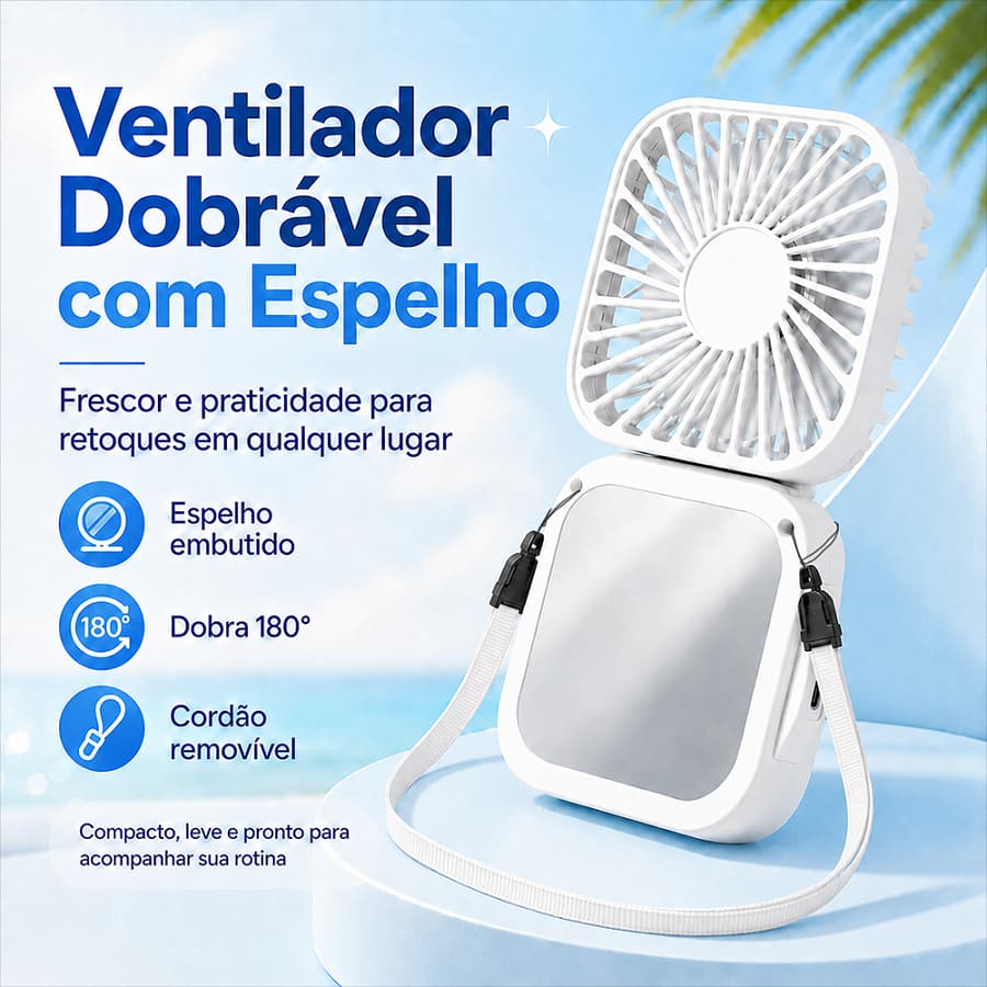 Mini Ventilador Portátil com Espelho – Recarregável USB, 3 Velocidades, Dobrável para Maquiagem, Acompanha Cabo Tipo C