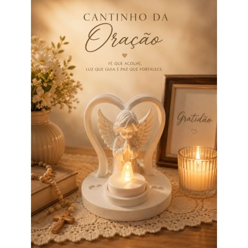 Porta Vela LED Anjo da Oração Decorativo Religioso Cantinho de Oração Presente