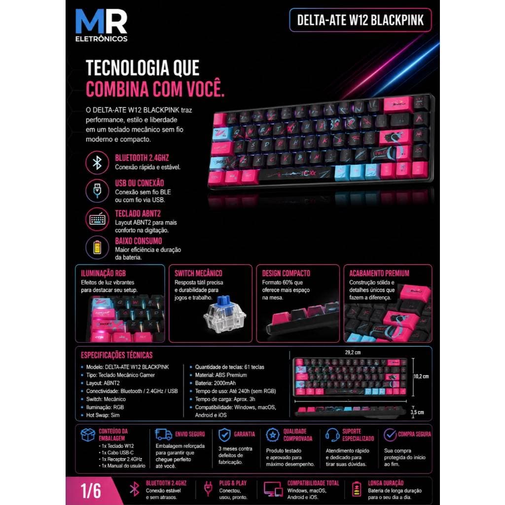 Teclado Mecânico Gamer Sem Fio | Bluetooth 5.0 | Wireless 2.4GHz | USB-C | RGB | ABNT2