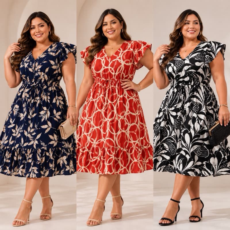 PLUS SIZE Vestido curto tamanho grande 46 a 54 babado moda evangélica manga curta soltinho XG adulto