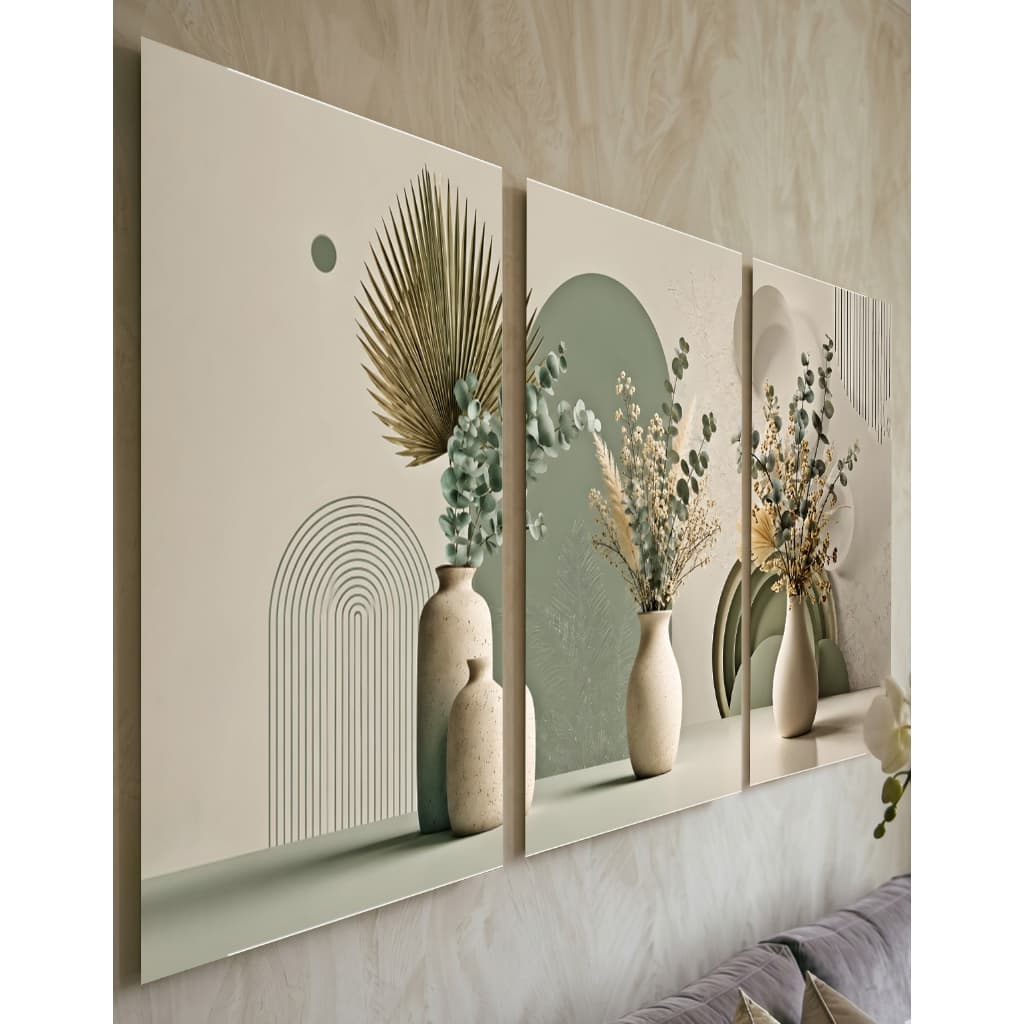Kit 3 Quadros Mosaico Vasos Folhagem Verde Bege Decoração Sala Estar Moderno MDF