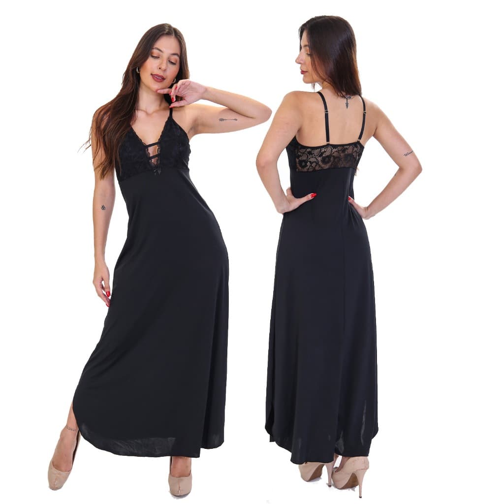 Camisola Longa Feminina Premium Luxo Busto Forrado Microfibra e Renda Transparente Decote V c/ Fenda