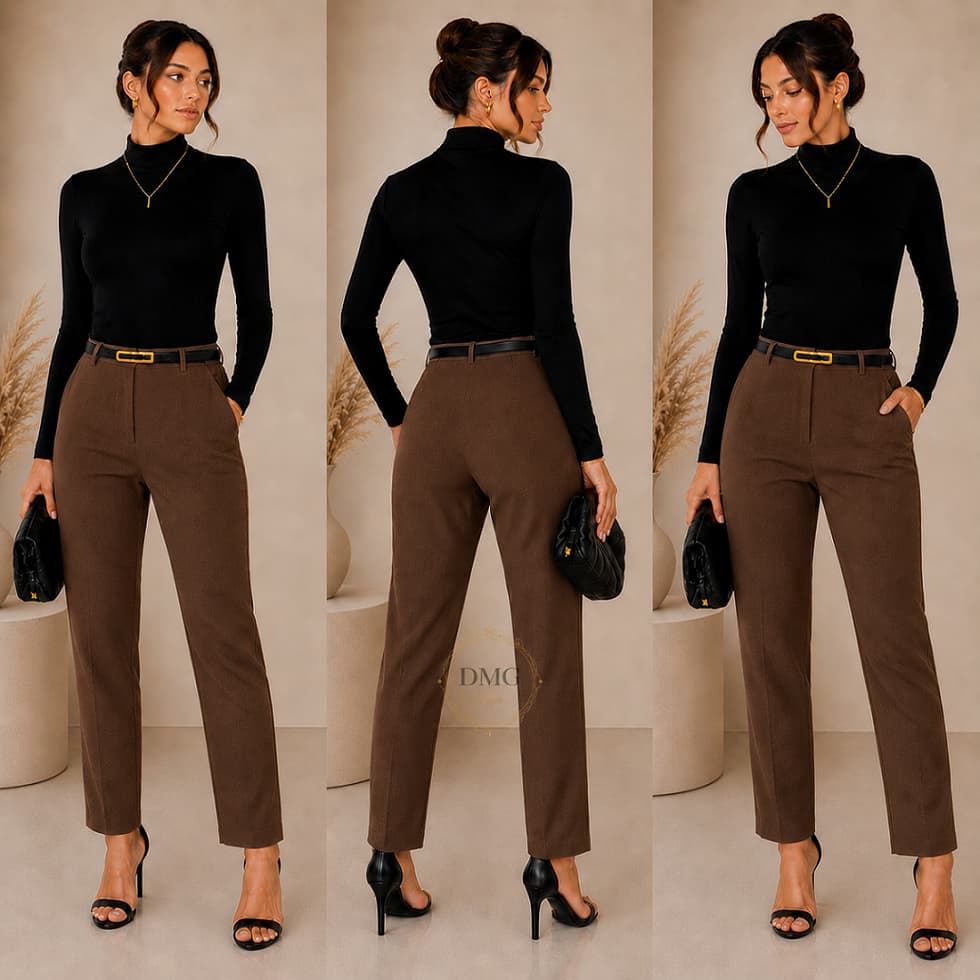 Conjunto Feminino Body Gola Alta + Calça Alfaiataria Cintura Alta Com Cinto - Envio Imediato !