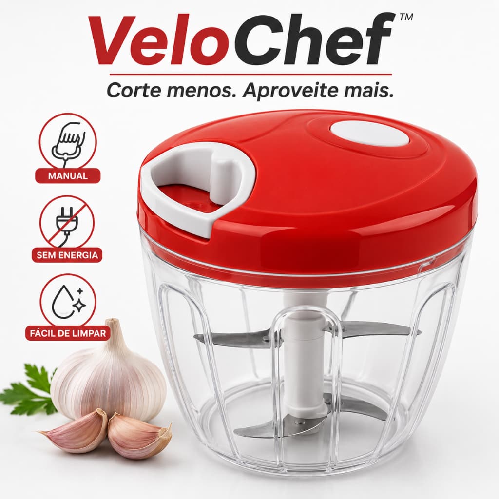 Mini Processador Manual Triturador de Alimentos VeloChef™ 3 Lâminas Portátil para Alho, Cebola, Legumes e Tempero