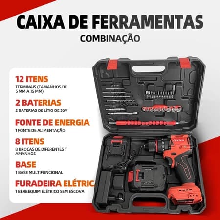 Brushless Furadeira Parafusadeira 3/8" a bateria 36V Com Impacto Profissional 1750r/min Broca Bits Maleta