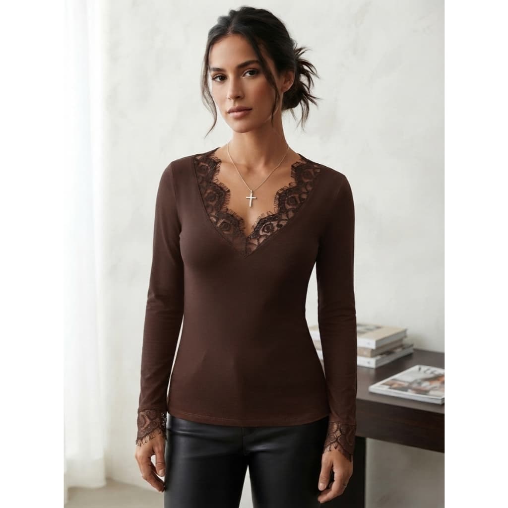 Blusa Feminina Manga Longa Com Renda Viscose Decote V Manga Com Renda