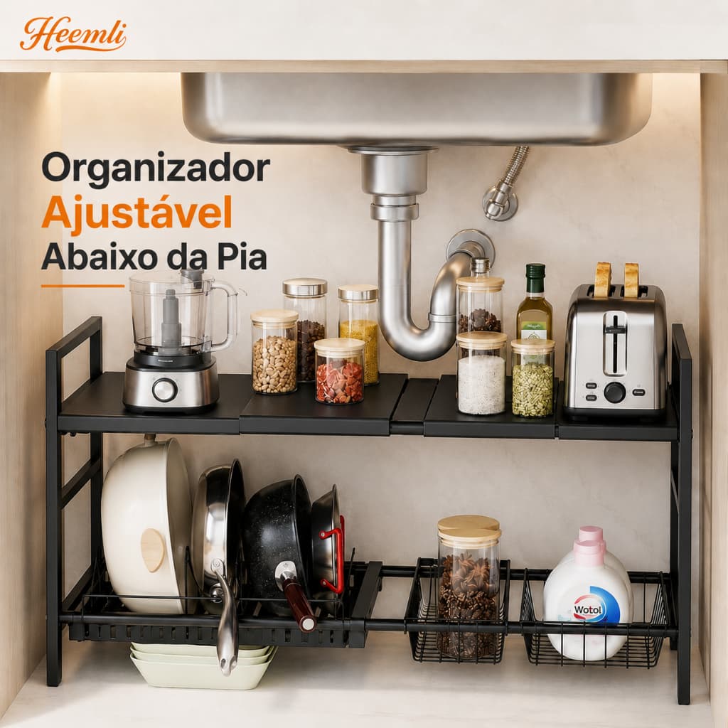 Heemli Prateleira Ajustável para Debaixo da Pia Cozinha Armário Organizador de Panelas