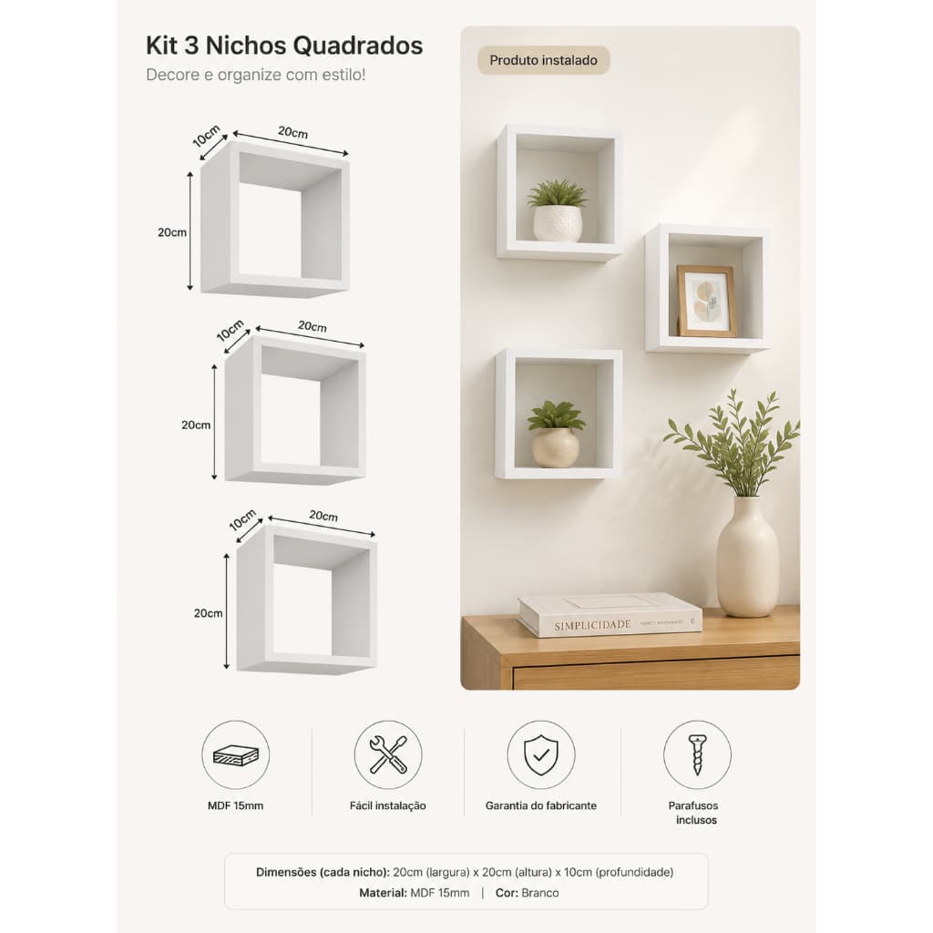 Kit 3 Nichos Decorativos Quadrados de Parede MDF 20x20 Branco para Sala Quarto Escritório Banheiro Cozinha