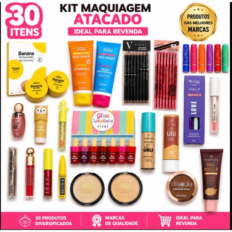Kit Maquiagem Atacado 30 Itens para Revenda | Produtos Originais Vivai, Mia Make e Max Love
