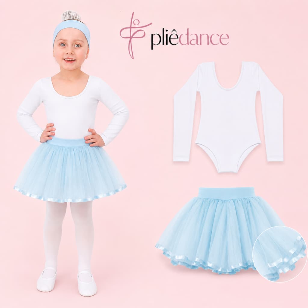 Collant Manga Longa Branco Infantil e Saia de Tulle