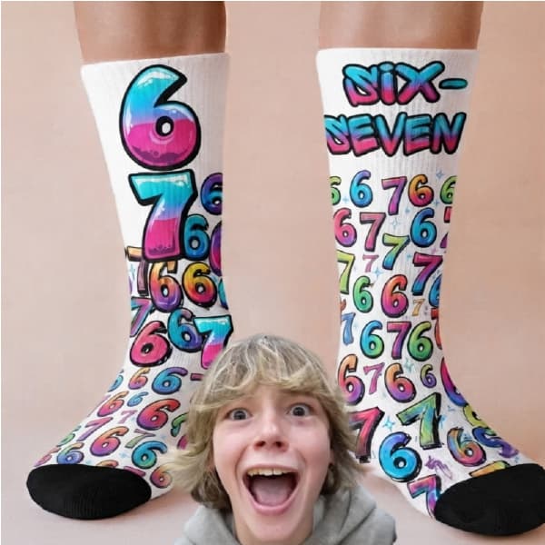 Meia Six Seven 67 Cano Alto Streetwear Estampa Numeros 6 e 7 Unissex Estilo Skate Grafite