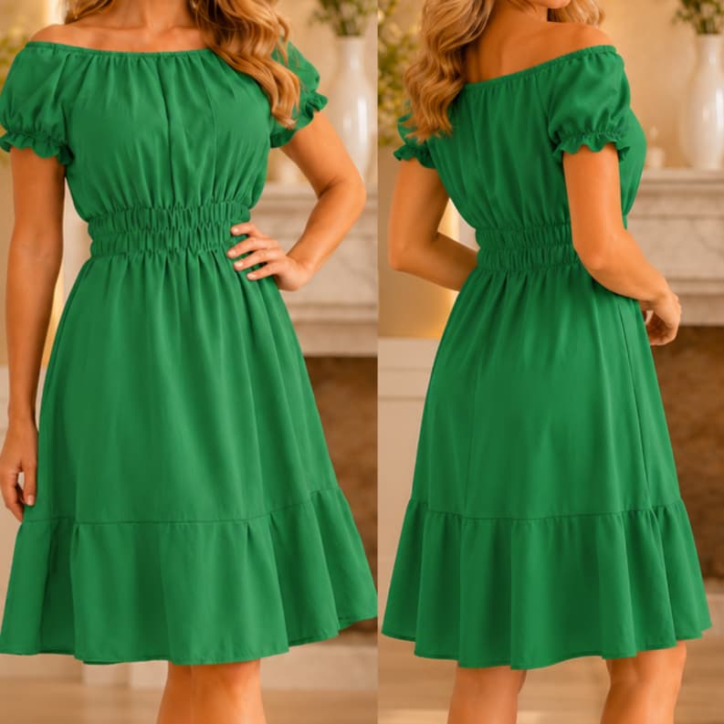 Vestido Feminino Ombro a Ombro Vermelho Cintura Marcada Com Lastex Manga Curta Moda Casual Elegante