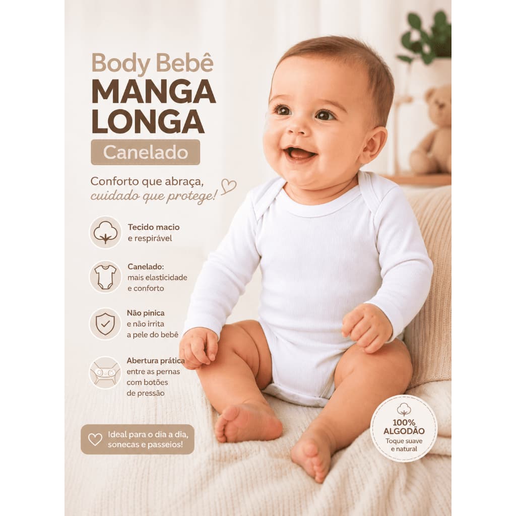Kit 3 Manga Longa Canelado 100% Algodao Body Bebe Unissex Inverno Verao