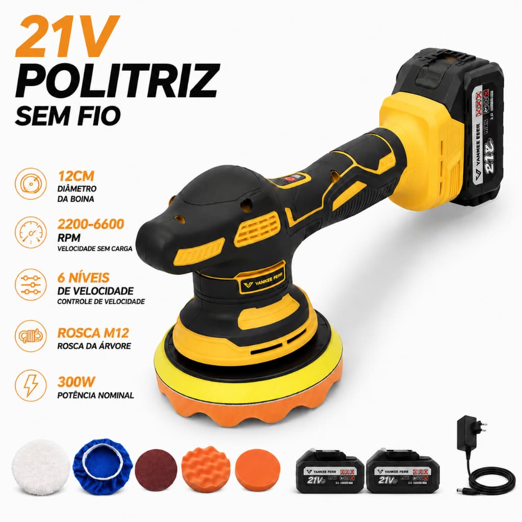Politriz Sem Fio 21V 300W para Carro Moto | 2 Baterias + Disco 12cm | Polimento Automotivo Profissional 6600RPM
