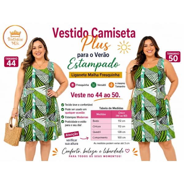 Vestido Camiseta Plus para o Verão Estampado Liganete Malha Fresquinha  Soltinho