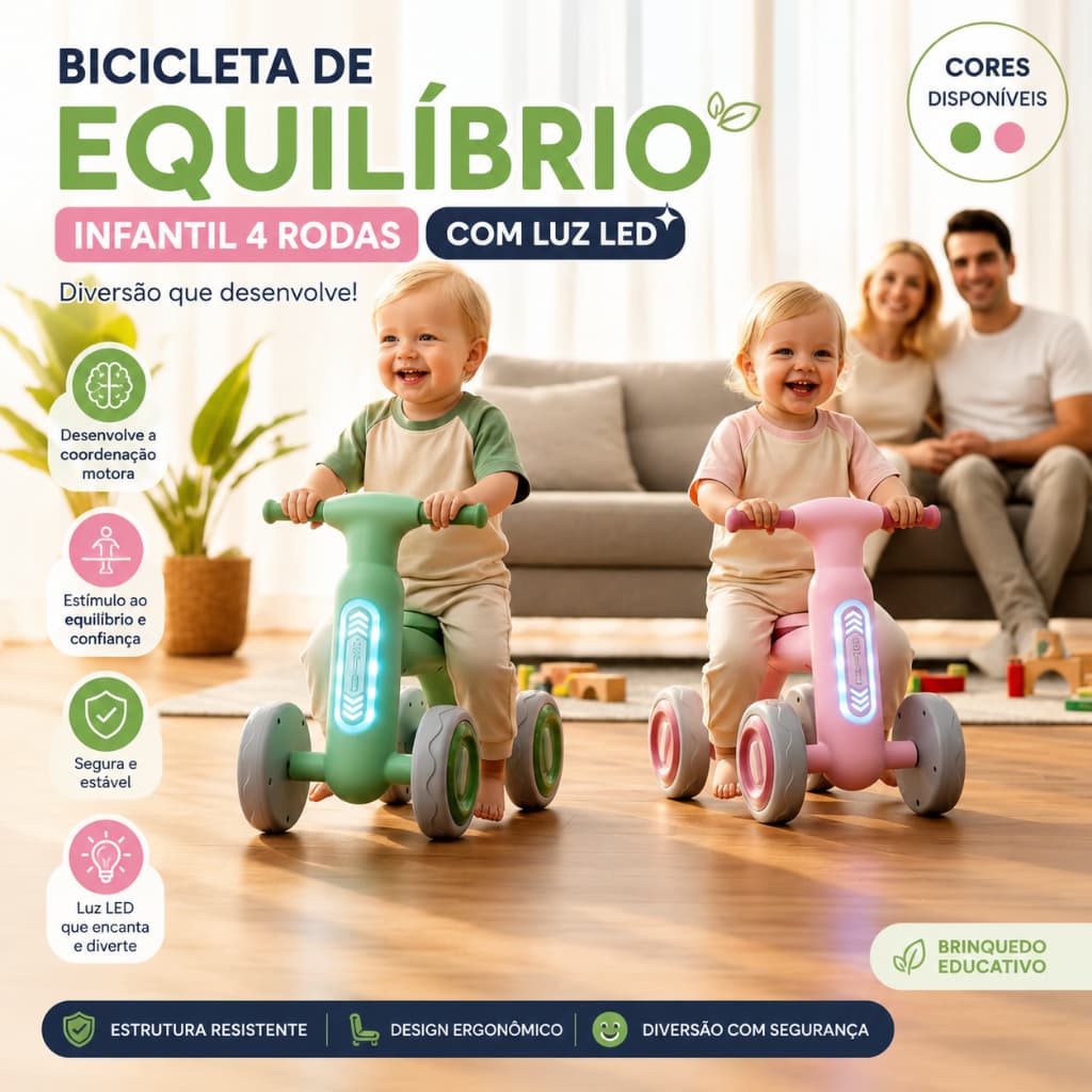 Bicicleta de Equilíbrio Crianças Balance Bike Infantil 4 Rodas com Luz LED Verde ou Rosa Educativa Coordenação Motora