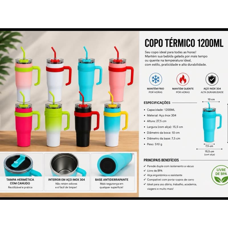 Copo Térmico Inox 1200ml com Tampa e Canudo – Conserva Bebida Quente ou Fria