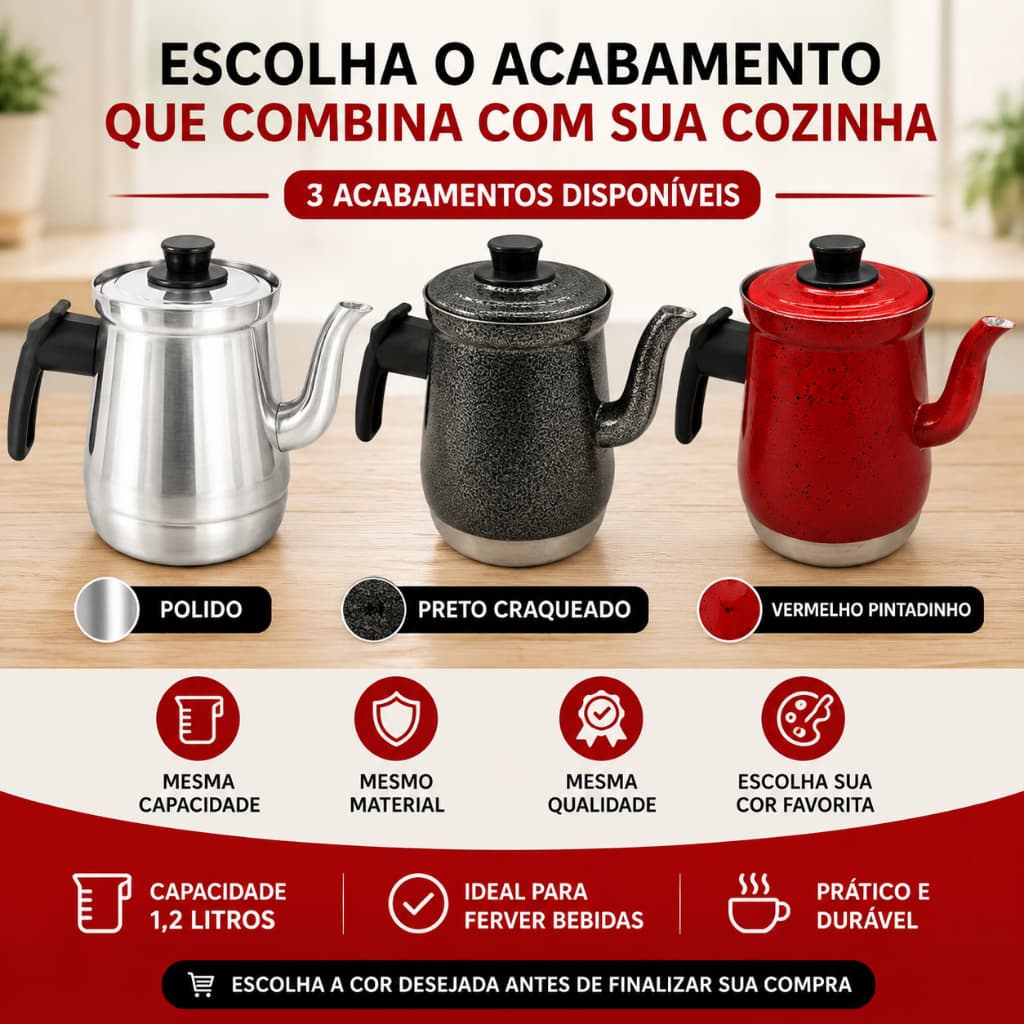 BULE CAFE CHA LEITE 1,2 LITROS N°4 ALUMINIO REFORÇADO PRETO VERMELHO POLIDO