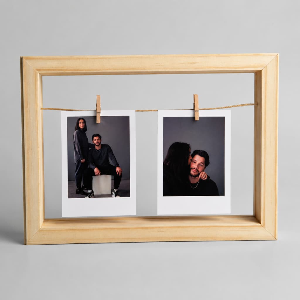 Quadrinho Moldura Madeira Natural Porta Retrato Personalizado com Foto e Mini Prendedores