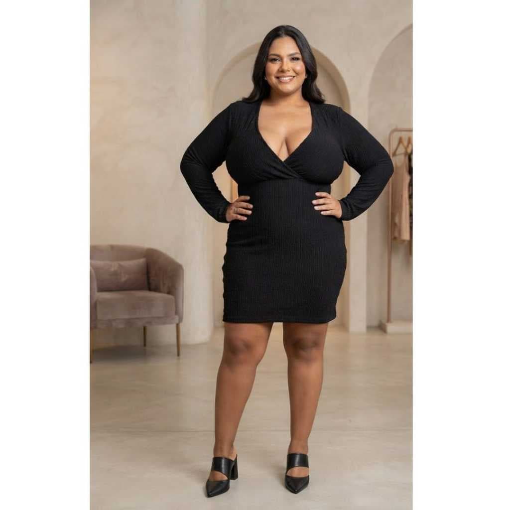 Vestido Festa Plus Size (GG) Decote Profundo Manga Longa Malha com Bojo e Forro
