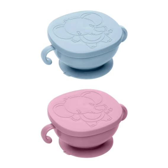 Bowl Com Tampa, Ventosa e Alças Elefante Baby Azul/Rosa Lyor | Tigela c/ Tampa para Iniciação Alimentar Infantil