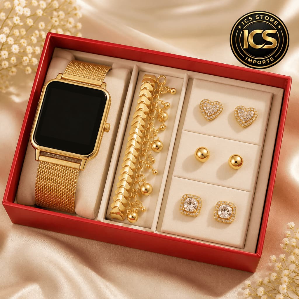 Kit Relógio Feminino Digital Led Dourado + Pulseira E 3 Pares Brincos
