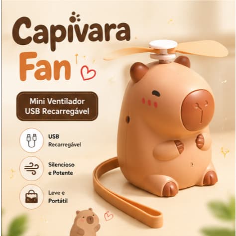 Mini Ventilador USB Recarregável Capivara Portátil Silencioso com Alça de Mão