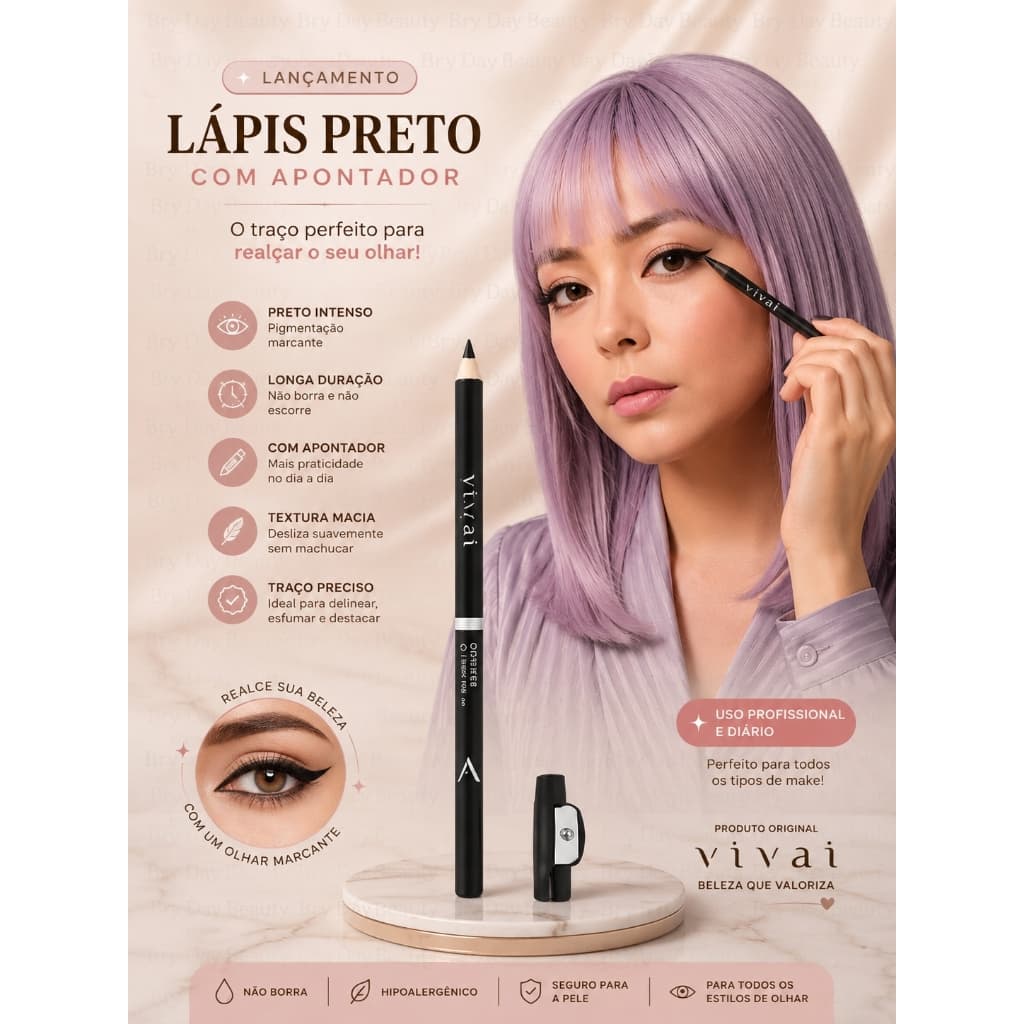 Lápis de Olho Preto Vivai com Apontador - Traço Preciso, Longa Duração, Não Borra e Hipoalergênico