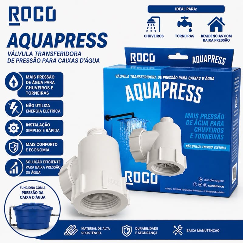 Válvula Alternadora Transferidora de Pressão Roco Aquapress Caixa D’Água Aumenta Pressão Chuveiro Torneira Sem Energia