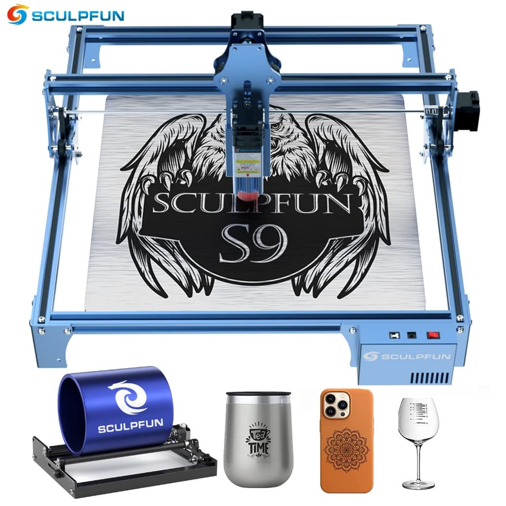 SCULPFUN S9 Máquina de gravação a laser ultrafina totalmente metálica 110-240V + Rolo rotativo conjunto (Recondicionada)
